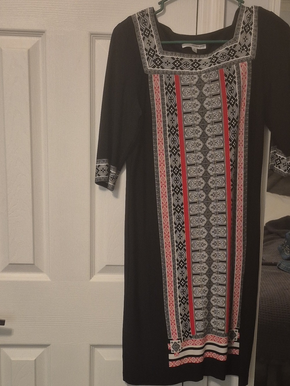 Studio One Black Midi Dress with Red and White Embroidered-Style Panel